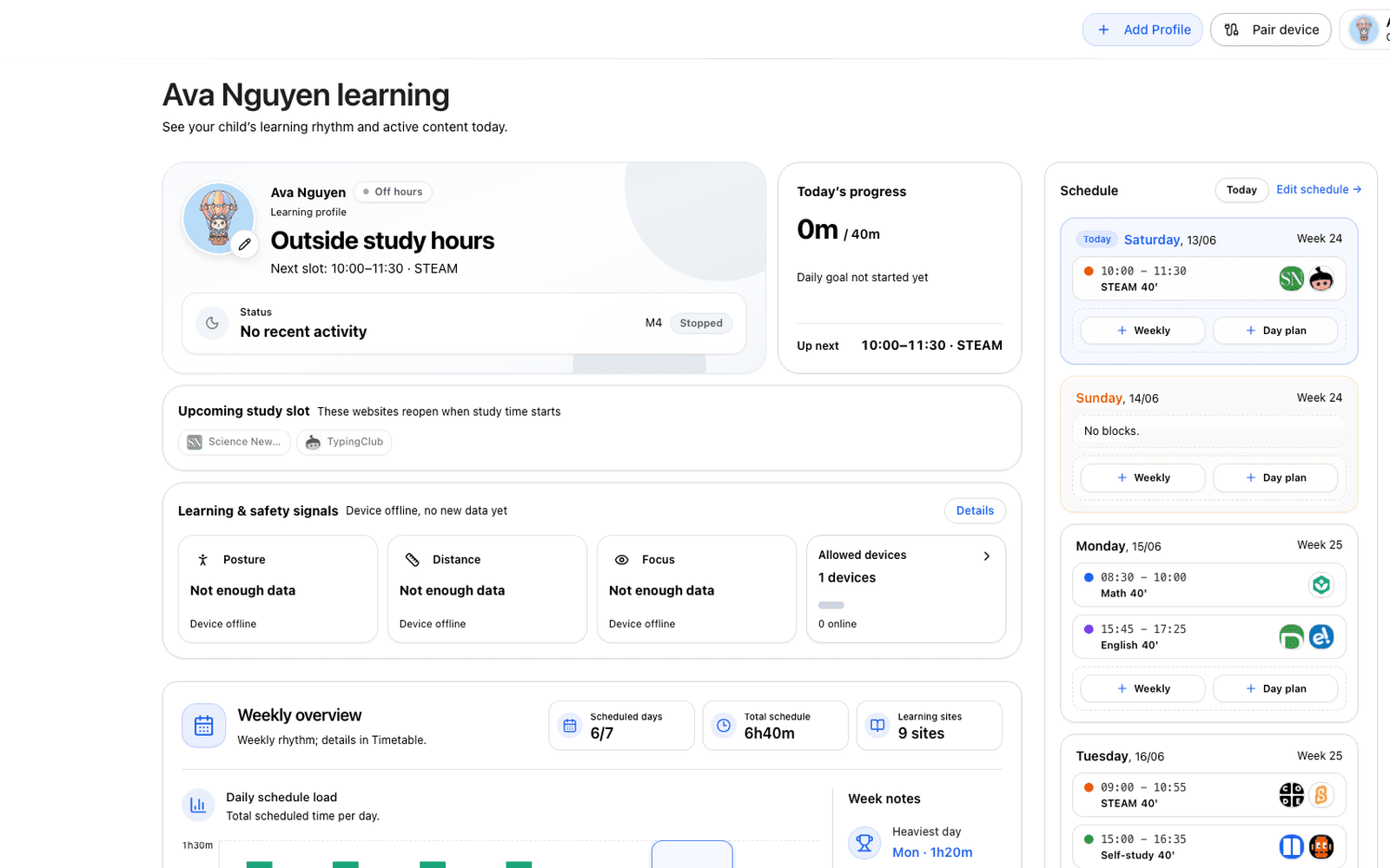 Screenshot of the Chocon Dashboard overview with profile status, learning goals, and schedule.
