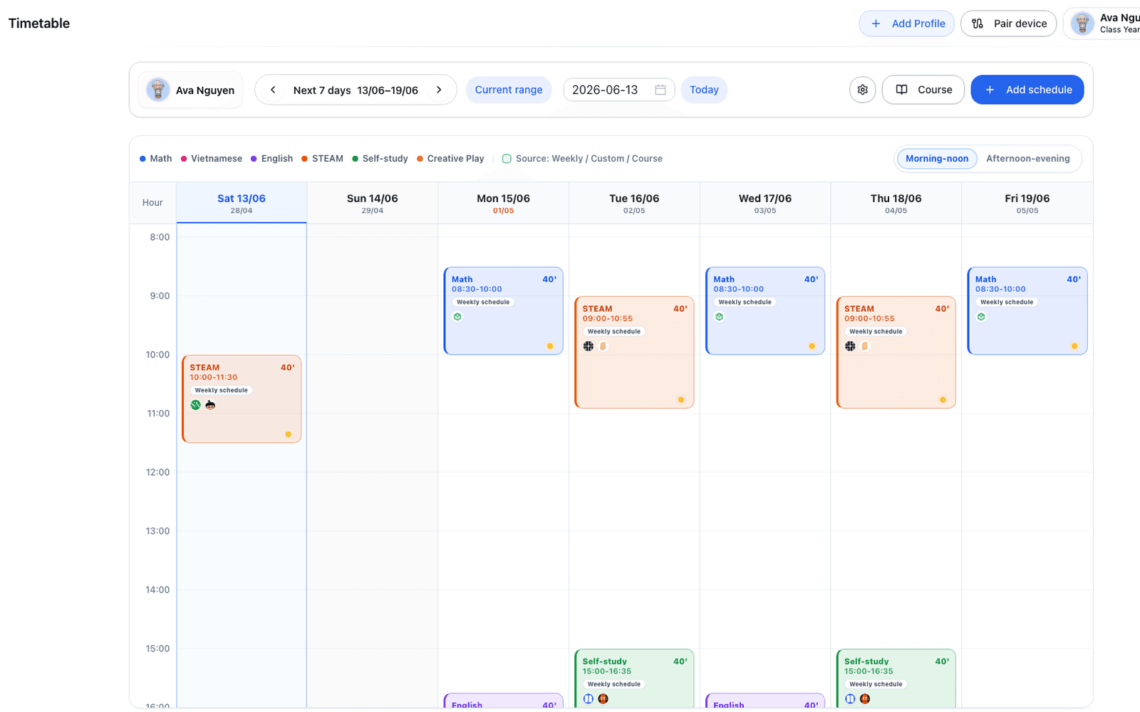 Screenshot of the Chocon Dashboard weekly schedule with learning time blocks.