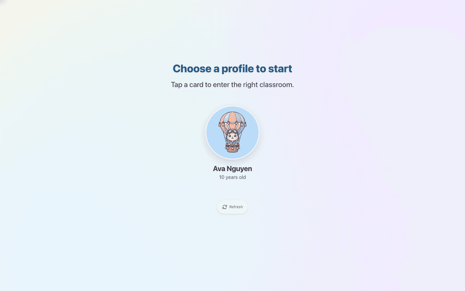 Screenshot of Chocon Desktop profile selection with a child avatar and name.