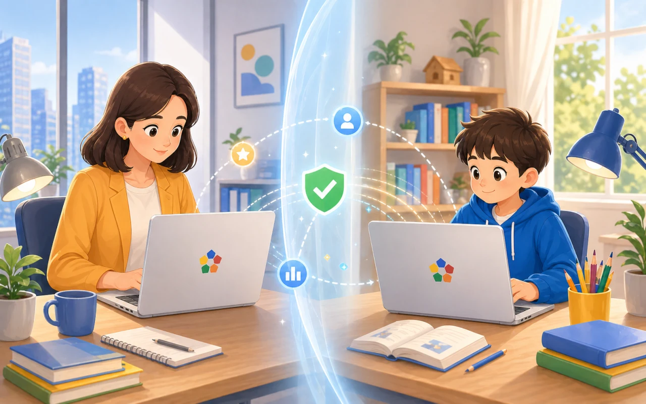 Cha mẹ đồng hành khi con học trên máy tính, với lớp bảo vệ nội dung an toàn quanh màn hình học tập.