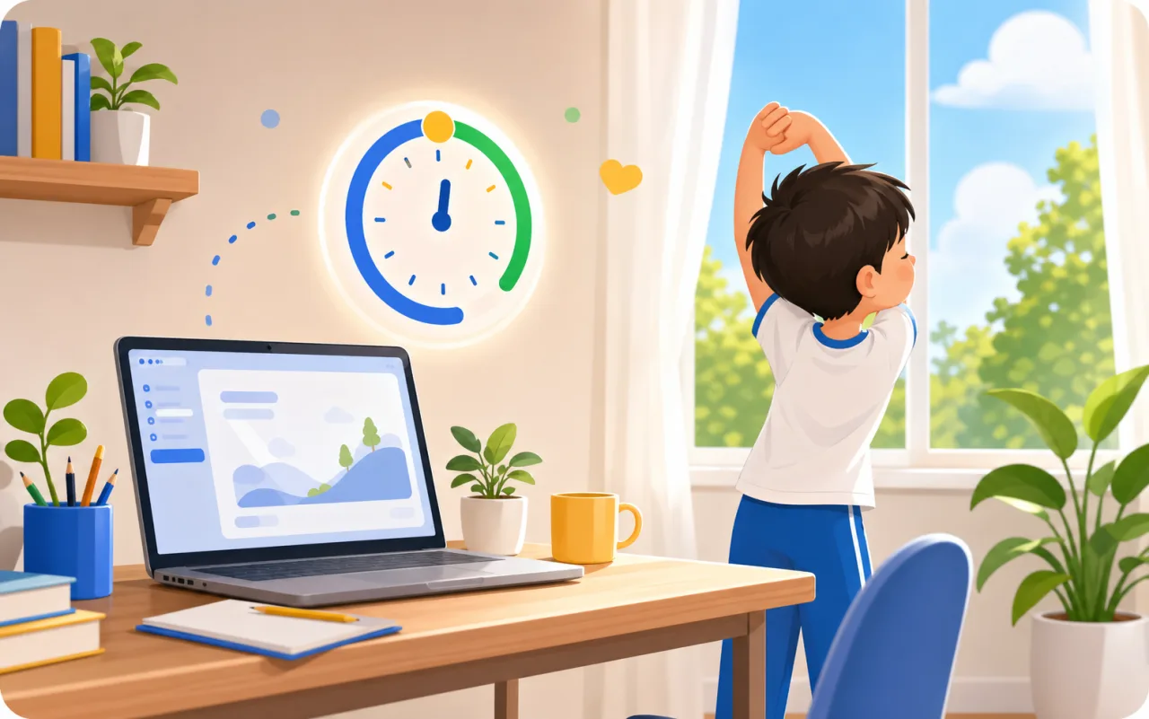 Minh hoạ Chocon nhắc trẻ nghỉ mắt và vận động nhẹ giữa các phiên học.