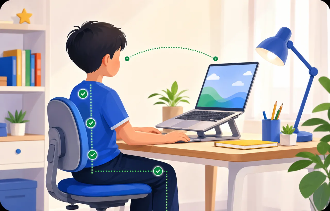 Minh hoạ trẻ ngồi học đúng tư thế và khoảng cách với máy tính.