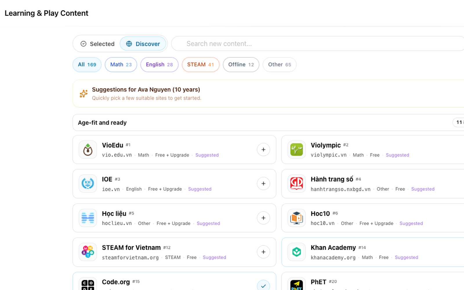 Screenshot of the Chocon Dashboard content library where parents approve learning sources.