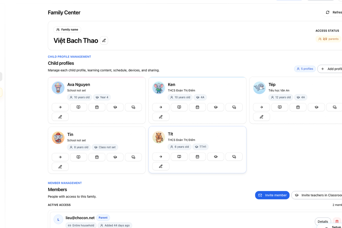 Screenshot of the Chocon Family Center in Dashboard with child learning profiles.