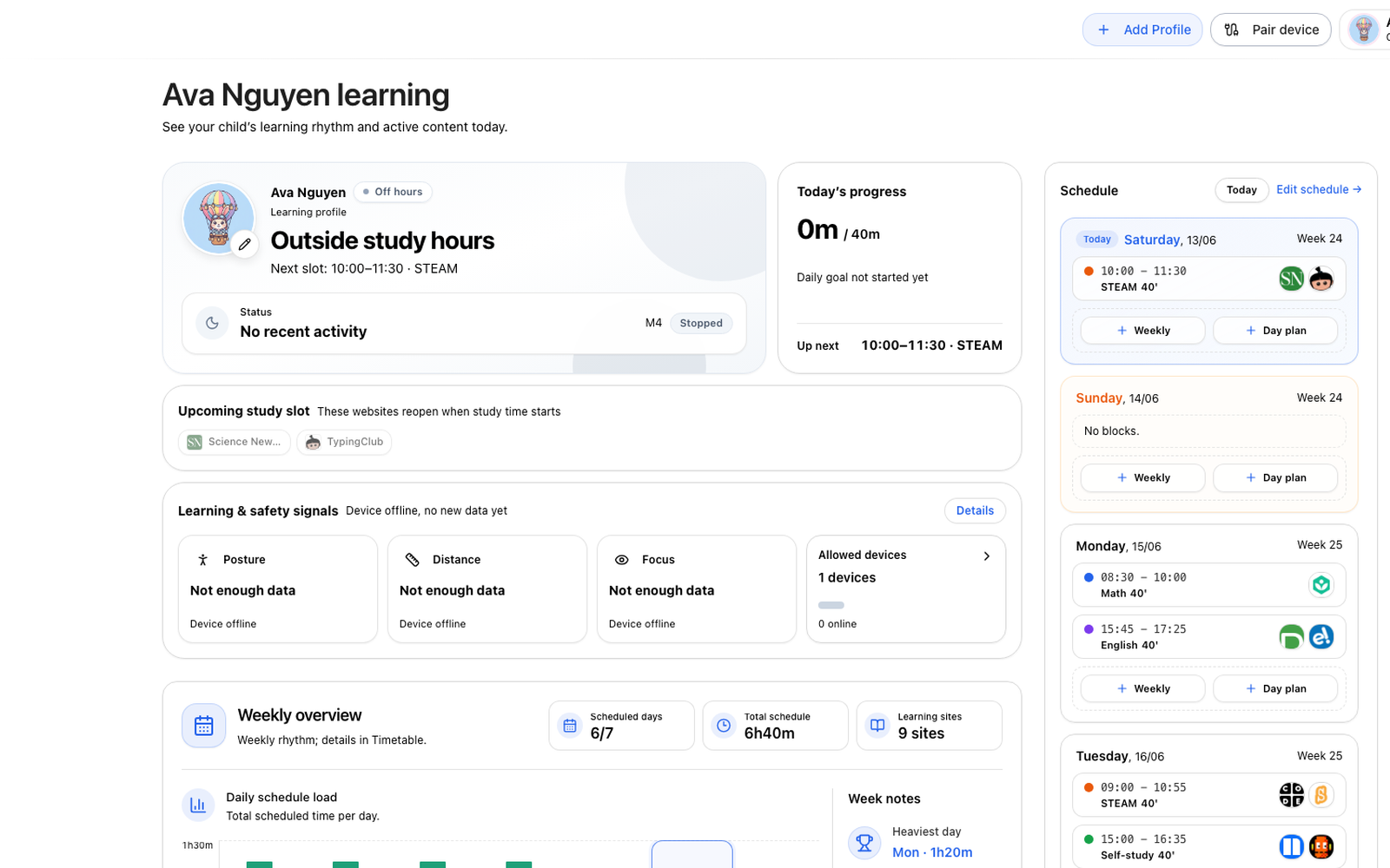Screenshot of the Chocon parent dashboard with a child profile and learning schedule.