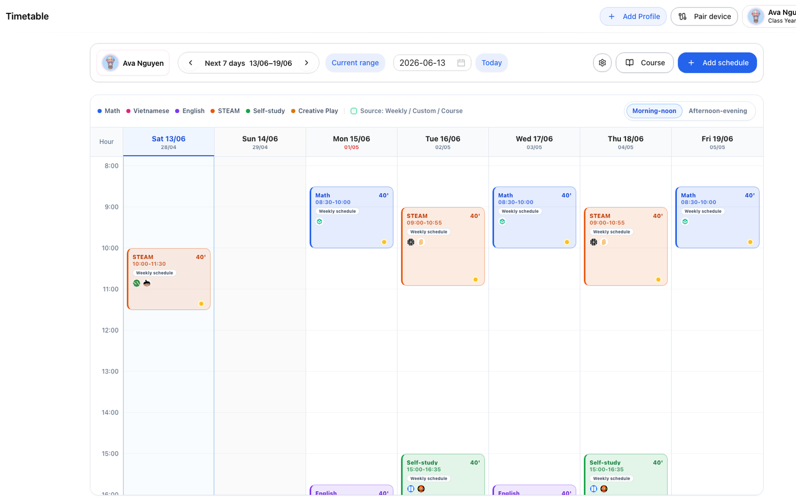 Screenshot of the Chocon Dashboard weekly schedule with learning time blocks.