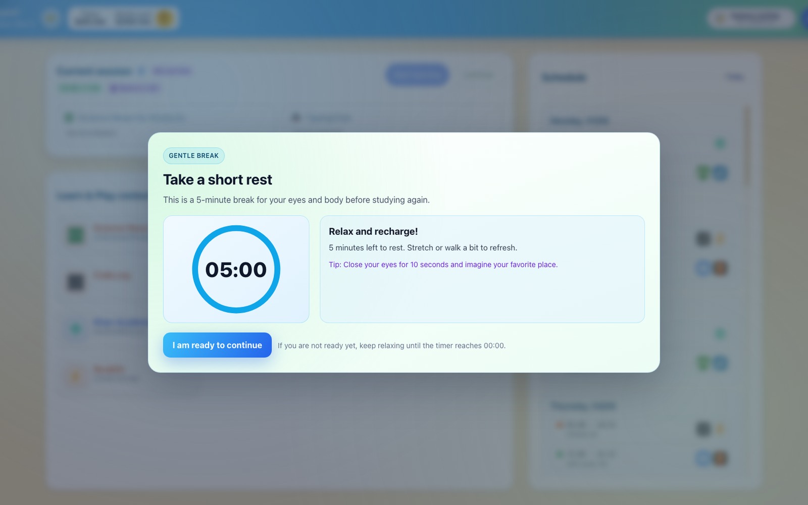Screenshot of Chocon Desktop showing a break reminder for a child.
