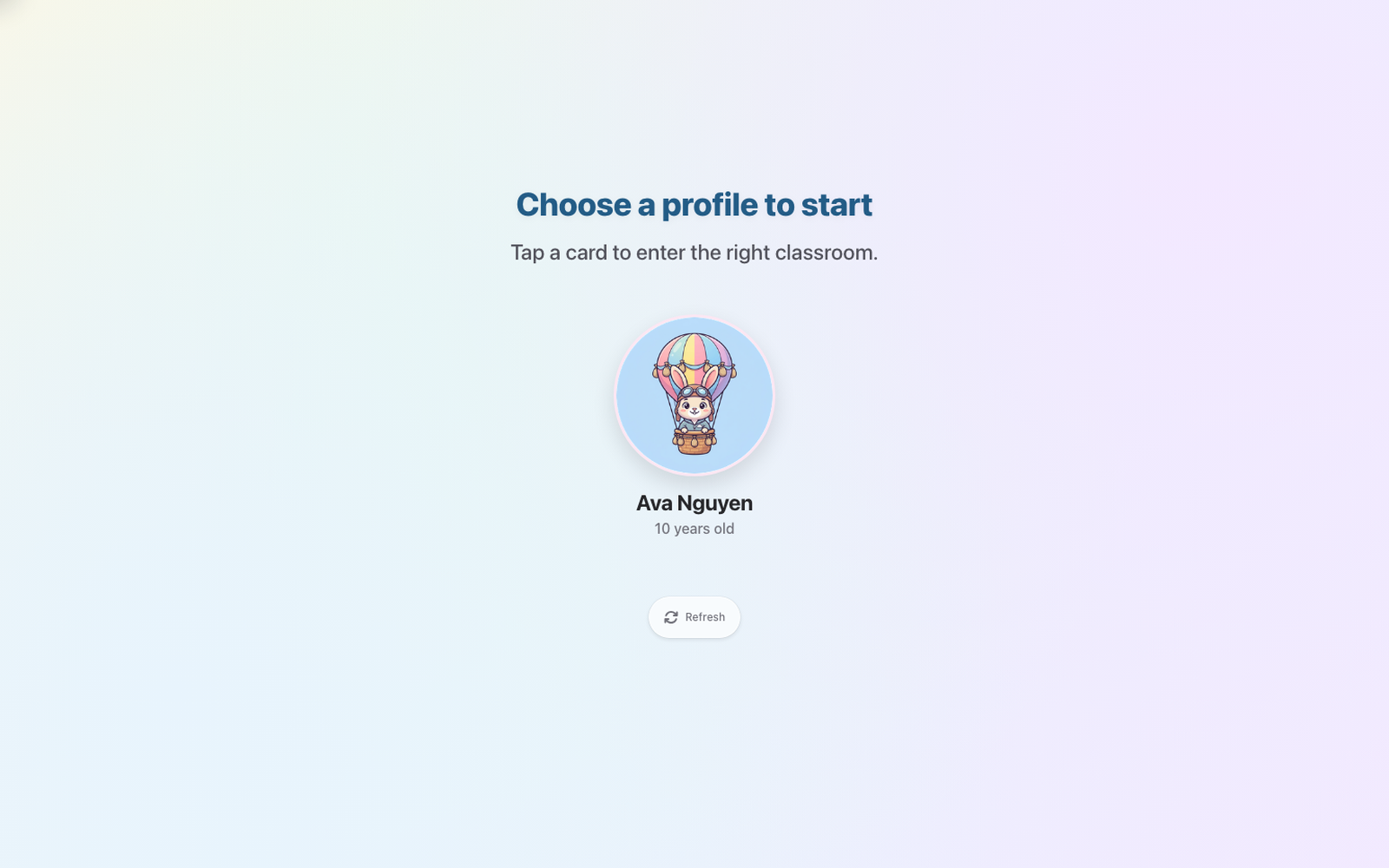 Screenshot of Chocon Desktop profile selection with a child avatar and name.
